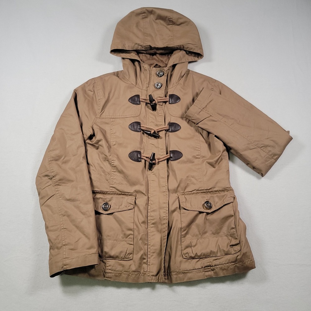 Aeropostale Toggle Hooded Jacket Women Small Tan Solid Cotton Ikat Lined Coat - Picture 2 of 13